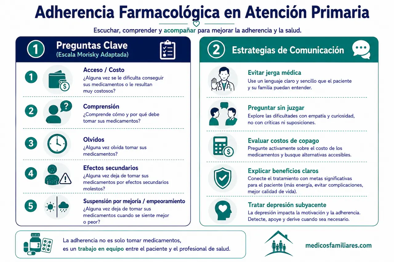 Infografía sobre estrategias prácticas para mejorar la adherencia a los medicamentos en atención primaria
