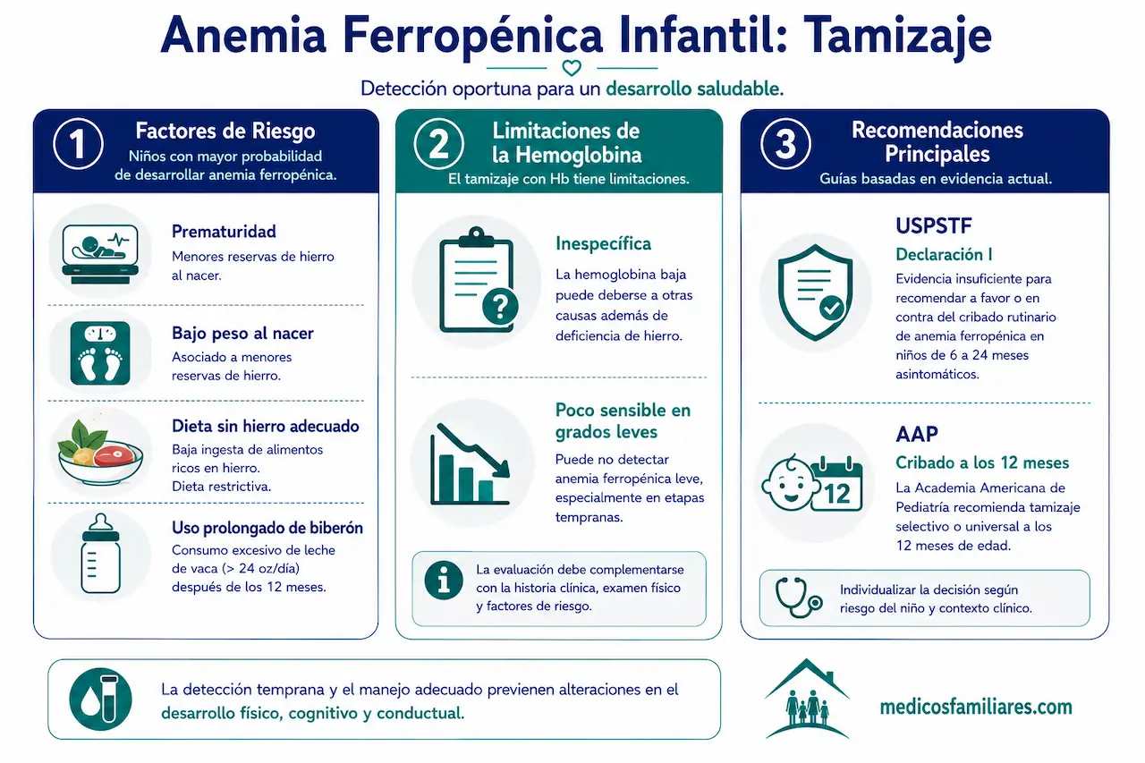 Infografia sobre el tamizaje y recomendaciones de anemia por deficiencia de hierro en ninos