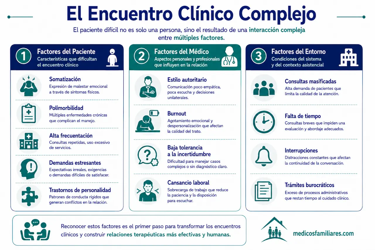 Infografia sobre las caracteristicas y factores del paciente dificil y el encuentro complejo